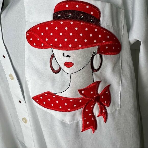 The Red Hat Society Embroidered White Button Down Applique Shirt Long Sleeve M - Picture 5 of 12